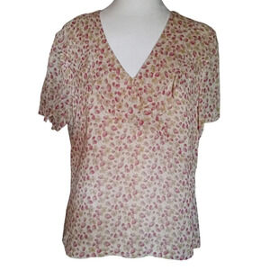 Cynthia Howie Floral Strawberry Surplice Neckline Ruffled Silk Blouse Size 14